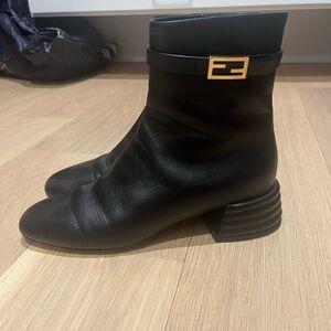 Fendi Black Ankle Boots with Gold Buckle